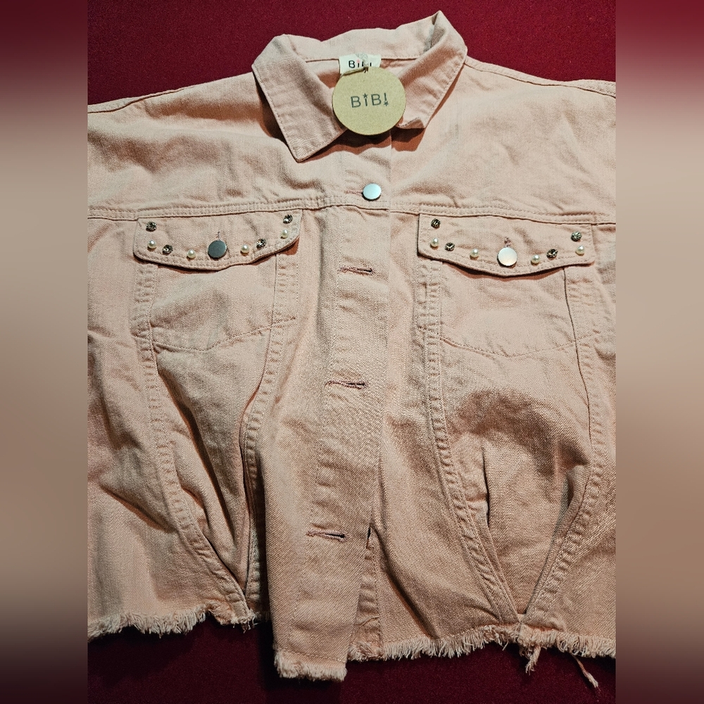 BiBi blush pearl/bling distressed denim jacket. Size small - Picture 3 of 7